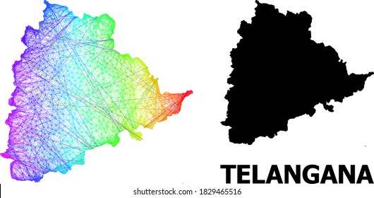 Net and solid map of Telangana State. Vector model is created from map of Telangana State with intersected random lines, and has bright spectral gradient.