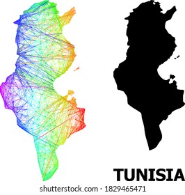 Net and solid map of Tunisia. Vector model is created from map of Tunisia with intersected random lines, and has spectral gradient. Abstract lines are combined into map of Tunisia.