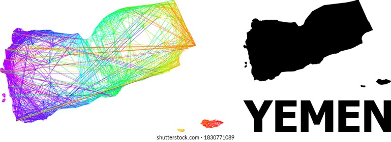 Net and solid map of Yemen. Vector model is created from map of Yemen with intersected random lines, and has spectrum gradient. Abstract lines are combined into map of Yemen.