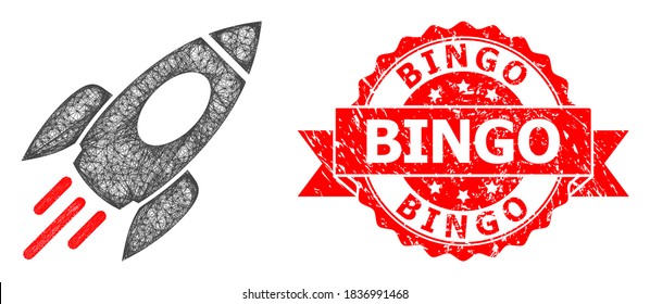 Net space rocket icon, and Bingo dirty ribbon seal print. Red stamp seal has Bingo tag inside ribbon.Geometric wire carcass flat net based on space rocket icon, generated from crossed lines.