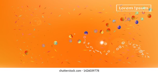 Net space and signs confetti. Background light. Usefull colorific illustration. Super Ultra Wide themed background. Colorful breezy abstraction. Orange red main theme.