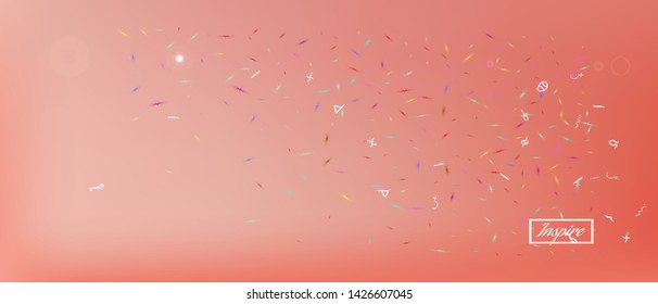 Net space and signs confetti. Background blur. Creative colorific illustration. Remarkable Ultra Wide universe background. Colorful clean abstraction. Coral main color.