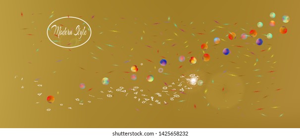 Net space and signs confetti. Colorful colorific illustration. Background bright. Ultra Wide background texture. Colorful pristine abstraction. Gold colored.