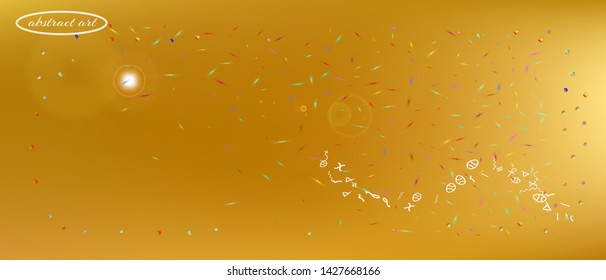 Net space and signs confetti. Professional colorific illustration. Background texture. Remarkable Ultra Wide universe background. Colorful recent abstraction. Gold colored.