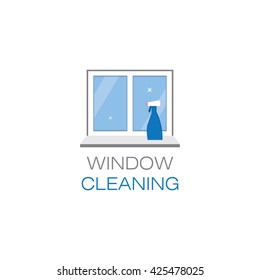 Net sparkling window and spray window cleaner on a  sill.  The emblem or logo of the cleaning company.  Vector illustration.