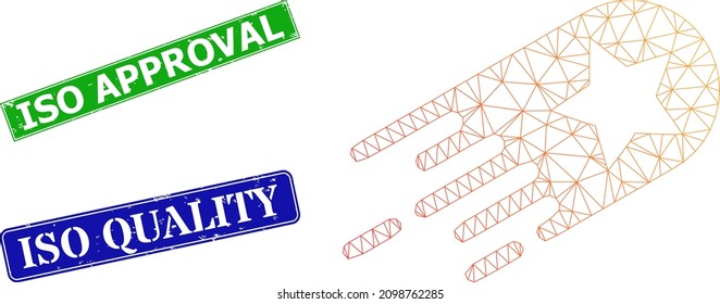 Net star bolide image, and ISO Approval blue and green rectangle textured seal imitations. Mesh wireframe image is designed with star bolide pictogram.