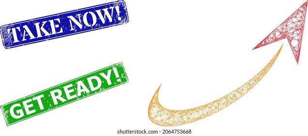 Net startup image, and Take Now warn blue and green rectangular scratched stamp seals. Polygonal wireframe symbol is based on startup pictogram.