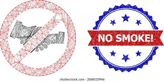 Net stop handshakes framework icon, and bicolor scratched No Smoke seal stamp. Flat framework created from stop handshakes icon and crossing lines. Vector seal with corroded bicolored style,