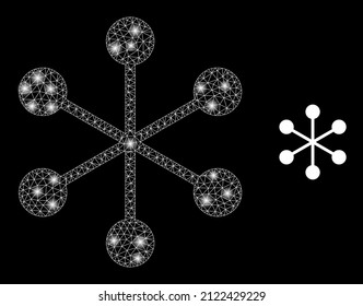 Net structure icon and bright network net structure model with illuminated light spots. Illuminated model created using net structure vector icon and polygonal mesh. Illuminated frame net structure,