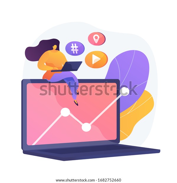 Net\
surfing. Girl cartoon character sitting on big laptop and looking\
for some information on internet. Media file, geolocation, hashtag.\
Vector isolated concept metaphor\
illustration