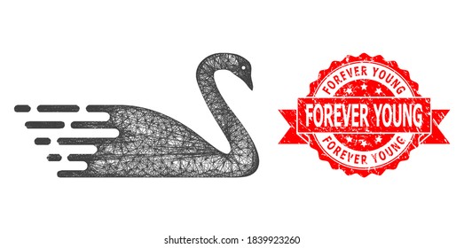 Net swan icon, and Forever Young dirty ribbon seal print. Red stamp seal includes Forever Young title inside ribbon.Geometric linear frame flat net based on swan icon, generated with crossing lines.