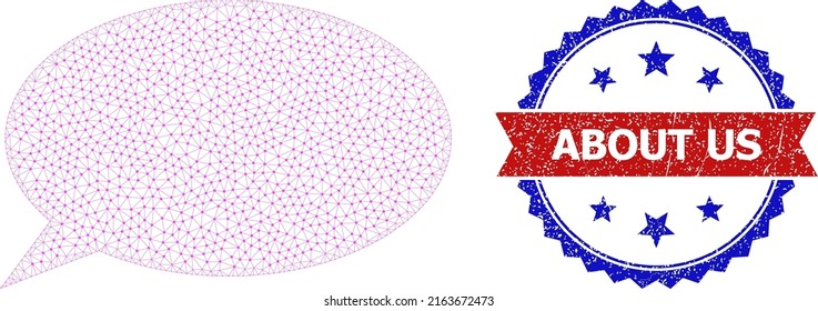 Net talk message wireframe illustration, and bicolor grunge About Us watermark. Polygonal wireframe symbol is designed with talk message icon.