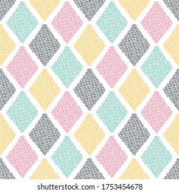 Net textured rhombus shape pastel pink, yellow and blue color ikat diamond seamless pattern on white background for wallpaper, packaging and textile. Contemporary abstract geometric repeat fabric.