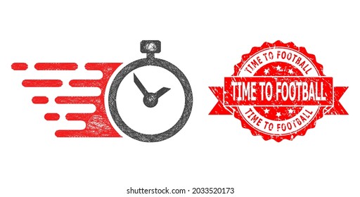 Net time icon, and Time to Football corroded ribbon stamp. Red stamp has Time to Football title inside ribbon.Geometric linear frame flat net based on time icon, generated from intersected lines.