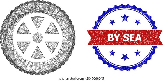 Net tire wheel model icon, and bicolor grunge By Sea seal. Flat mesh created from tire wheel icon and crossing lines. Vector seal with scratched bicolored style,