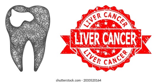 Net tooth caries icon, and Liver Cancer rubber ribbon stamp seal. Red stamp seal includes Liver Cancer caption inside ribbon.Geometric linear frame flat net based on tooth caries icon,
