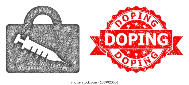 Icono del estuche de la vacuna neta y sello de la cinta corroída por Doping. El sello rojo tiene la etiqueta Doping dentro de la cinta. Red de canal de alambre geométrica de red plana basada en el icono del estuche de la vacuna, generada a partir de líneas interseccionadas.