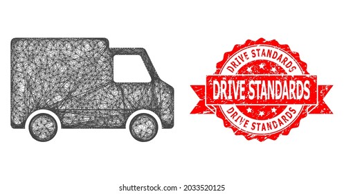 Net van car icon, and Drive Standards scratched ribbon stamp seal. Red stamp seal includes Drive Standards caption inside ribbon.Geometric linear carcass 2D net based on van car icon,