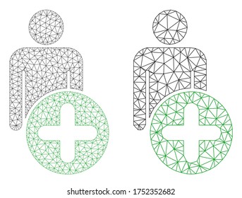 Icono de figura de hombre de adición de vector neto. Mesh wireframe agrega la imagen de la figura del hombre en estilo bajo con triángulos, puntos y líneas organizados. Ilustración en malla de la figura triangulada del hombre añadido,