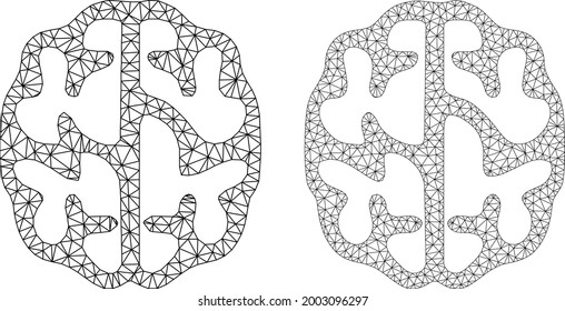 Net vector brain icons. Mesh carcass brain images in lowpoly style with organized triangles, points and linear items. Mesh model of triangulated brain, on a white background.