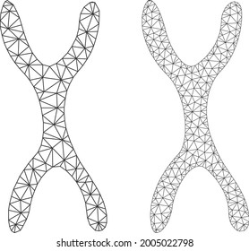 Net vector chromosome icons. Mesh carcass chromosome images in low poly style with connected triangles, dots and lines. Mesh concept of triangulated chromosome, on a white background.