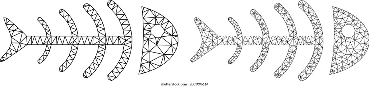 Net vector dead fish icons. Mesh wireframe dead fish images in low poly style with structured triangles, dots and lines. Mesh concept of triangulated dead fish, on a white background.