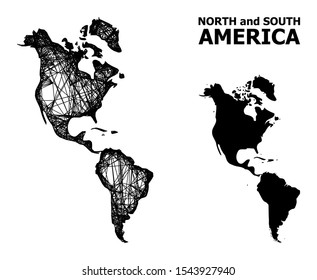 Net vector map of South and North America. Linear frame 2D mesh in vector format, geographic model for educational posters. map of South and North America are isolated on a white background.
