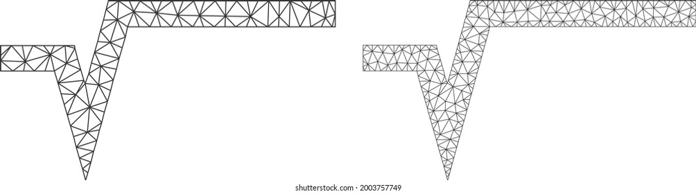 Net vector square root icons. Mesh carcass square root images in lowpoly style with connected triangles, points and lines. Mesh illustration of triangulated square root, on a white background.