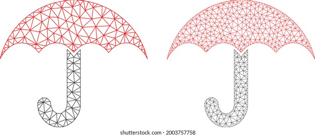 Net vector umbrella icons. Mesh wireframe umbrella images in low poly style with connected triangles, nodes and linear items. Mesh model of triangulated umbrella, on a white background.