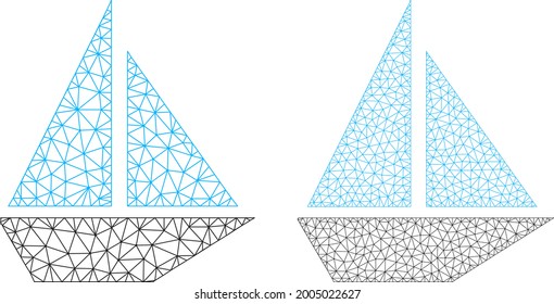 Net vector yacht icons. Mesh wireframe yacht images in low poly style with structured triangles, dots and linear items. Mesh model of triangulated yacht, on a white background.