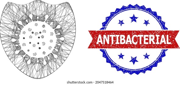 Icono de armazón de alambre protector de virus neto y sello antibacteriano bicolor arañado. Malla plana creada a partir del icono de protección de virus y líneas de cruce. Sello vectorial con un estilo bicoloroso rayado,