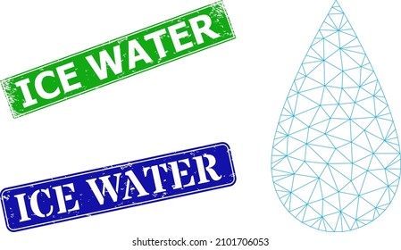 Net water drop model, and Ice Water blue and green rectangular scratched stamp seals. Polygonal wireframe image created from water drop icon. Seals contain Ice Water text inside rectangular frame.
