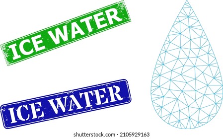 Net water drop model, and Ice Water blue and green rectangular scratched stamp seals. Polygonal wireframe image created from water drop icon. Seals contain Ice Water text inside rectangular frame.