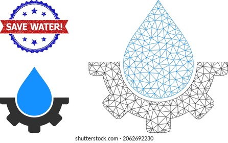 Net Water Industry Framework Icon, And Bicolor Scratched Save Water Exclamation Seal. Polygonal Carcass Image Is Designed With Water Industry Pictogram.