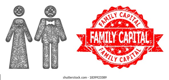 Net wedding emotions icon, and Family Capital unclean ribbon stamp seal. Red stamp seal has Family Capital caption inside ribbon.Geometric linear frame flat net based on wedding emotions icon,