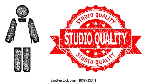 Net worker person icon, and Studio Quality unclean ribbon stamp seal. Red stamp seal contains Studio Quality caption inside ribbon.Geometric hatched carcass 2D net based on worker person icon,
