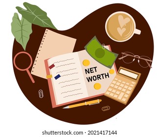 net worth concept note on book around money coffee spectacles calculator with cartoon flat style