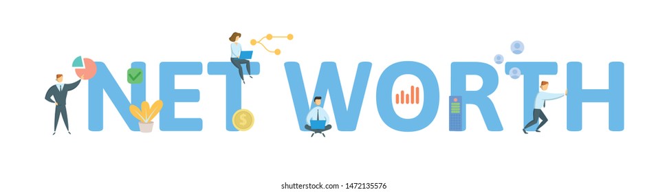 NET WORTH. Concept with people, letters and icons. Colored flat vector illustration. Isolated on white background.