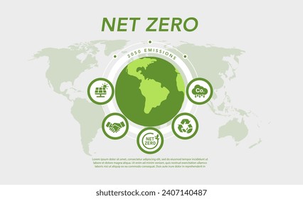 Net zero 2050 emissions and carbon neutral concept. Climate neutral long term strategy with green net zero icon. Green Vector illustration.