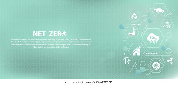 Icono de la bandera NET ZERO, concepto de carbono neutro y cero neto. medio ambiente natural Estrategia a largo plazo, neutra desde el punto de vista climático Emisiones de gases de efecto invernadero con íconos en malla de fondo azul.