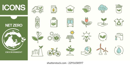 NET ZERO banner icons set, carbon neutral and net zero concept. Net zero greenhouse gas emissions target. Climate neutral long term strategy with green net zero line icon. Vector illustration.