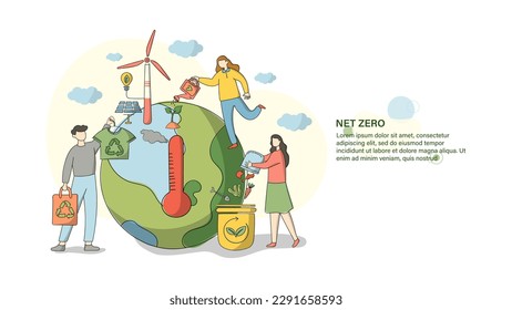 NET ZERO banner set, carbon neutral and net zero concept. Net zero greenhouse gas emissions target. Climate neutral long term strategy sustainable development. Vector illustration.