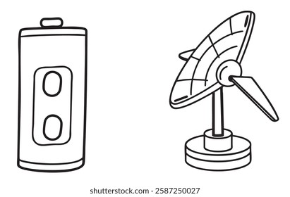 Ilustração Net Zero Battery e antena parabólica em estilo de arte de linha simples.