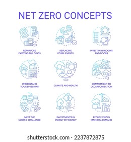 Net zero blue gradient concept icons set. Reducing pollution process. Carbon removal idea thin line color illustrations. Isolated symbols. Roboto-Medium, Myriad Pro-Bold fonts used