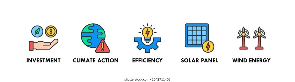 Concepto de Ilustración vectorial de ícono de Web de Anuncio de negocios con ícono de inversión, acción climática, eficiencia, panel solar y energía eólica