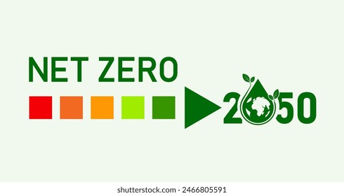Cero neto para 2050, carbono neutro. Objetivo de cero emisiones netas de gases de efecto invernadero Ilustración vectorial a largo plazo de una estrategia climáticamente neutra