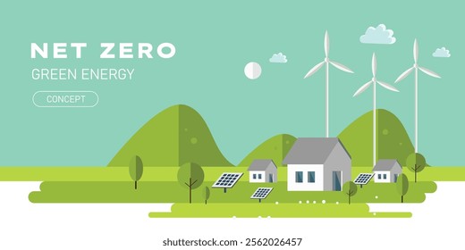 Net zero carbon emission green city ecological concepts with tree city solar, winds, eco icon vector