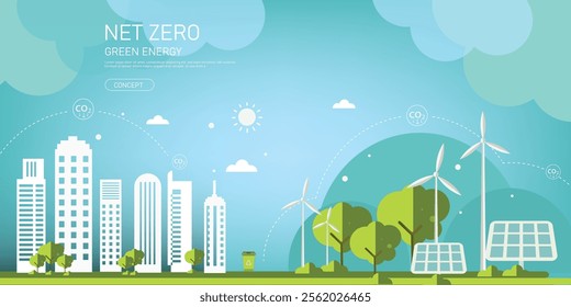 Net zero carbon emission green city ecological concepts with tree city solar, winds, eco icon vector