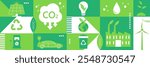 Net zero and carbon neutral concept. Environment web banner. Net zero greenhouse gas emissions target. Climate neutral strategy with green net zero icons.  Vector illustration. 