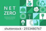Net zero and carbon neutral concept. Environment web banner. Net zero greenhouse gas emissions target. Climate neutral strategy with green net zero icons.  Vector illustration. 